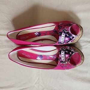Ed Hardy open toe wedges, size 7